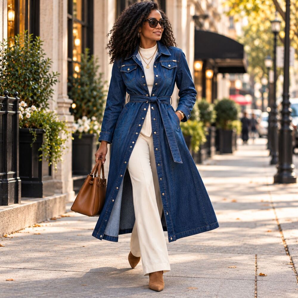 GILL Chic Dark Wash Denim Trench Coat Duster Belted Snap Front Long Jacket Sz 12